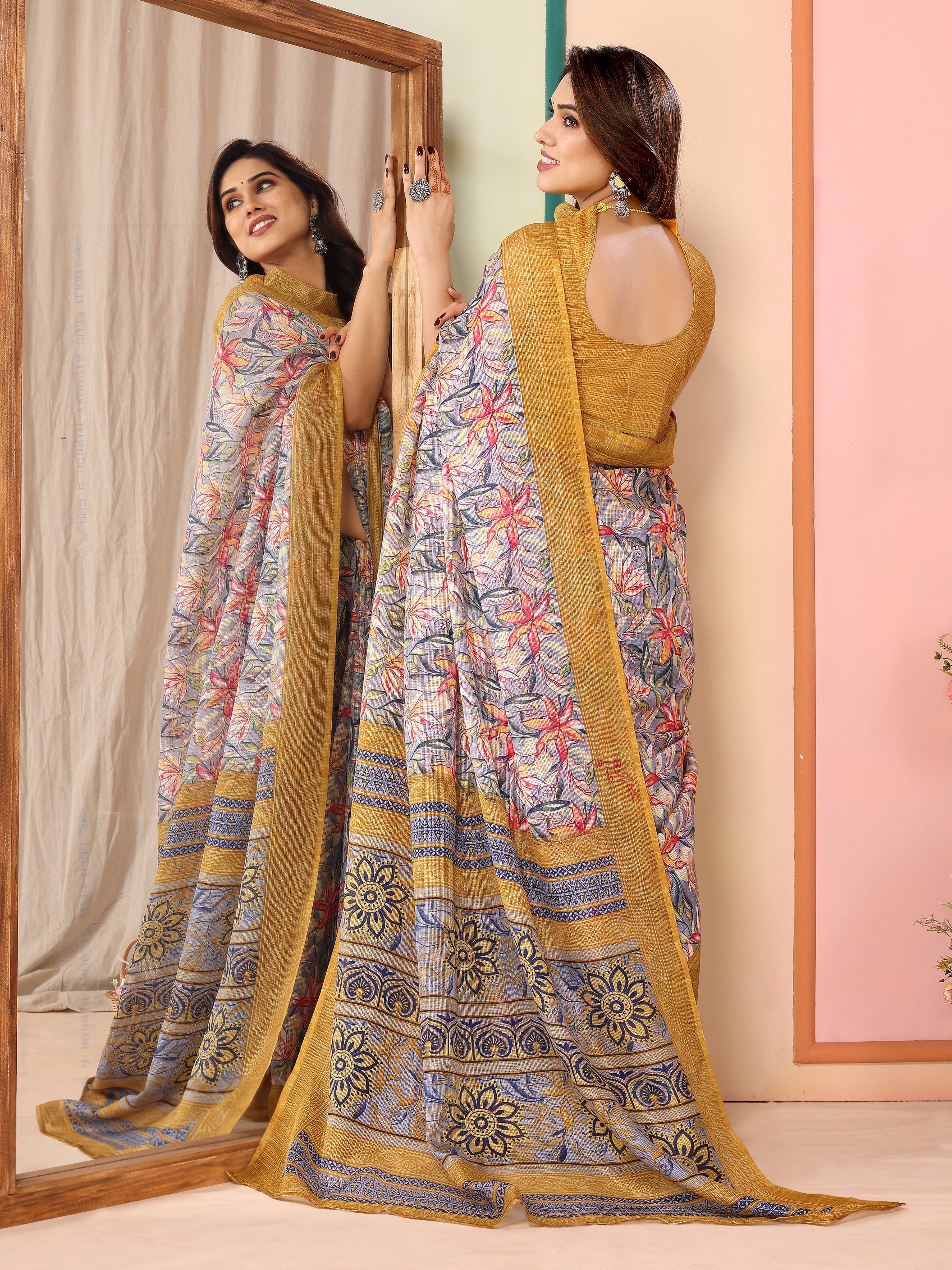 Radiant Yellow Kota Doriya Printed Saree | Vibrant Elegance with Traditional Weave