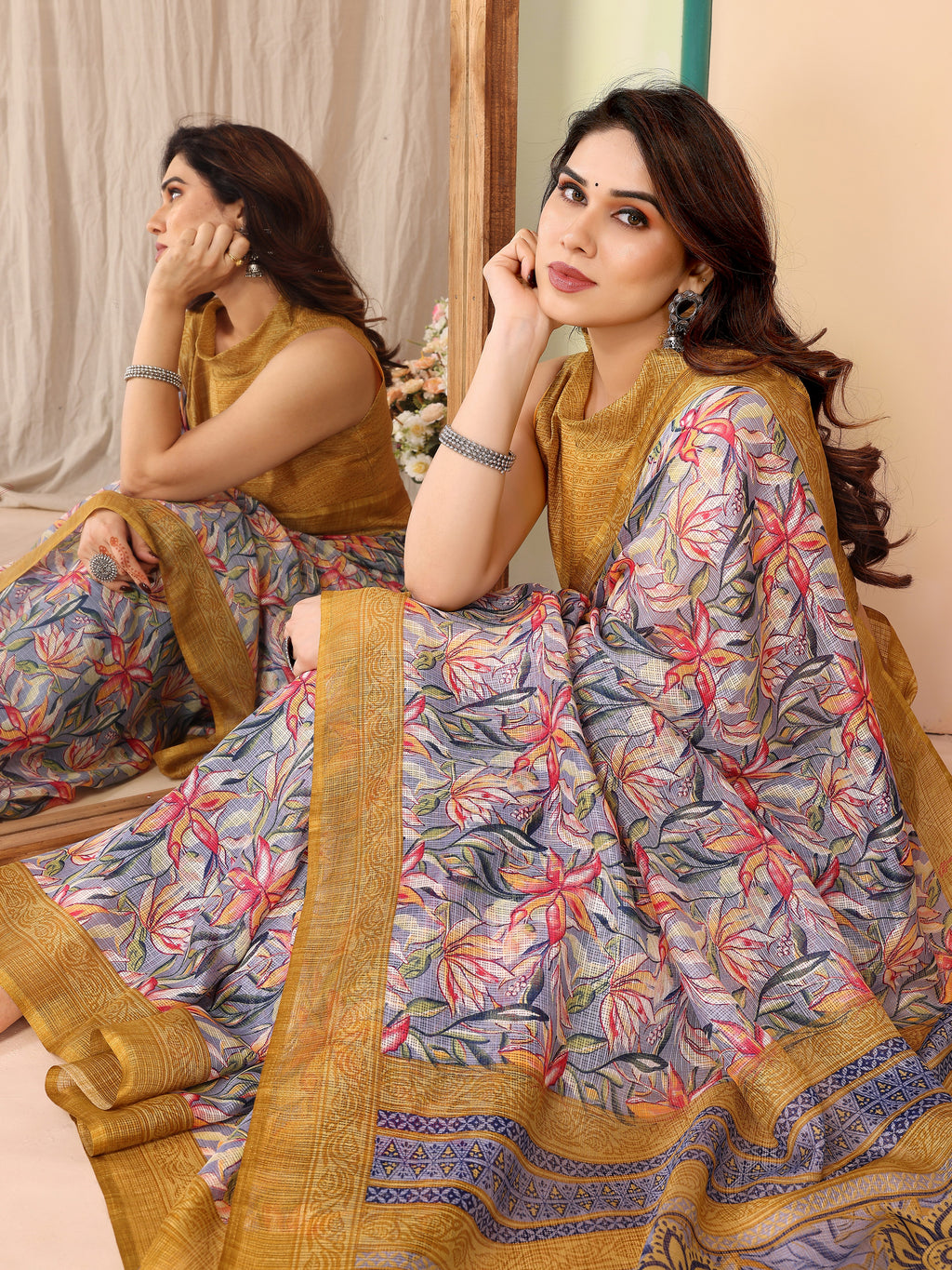 Radiant Yellow Kota Doriya Printed Saree | Vibrant Elegance with Traditional Weave