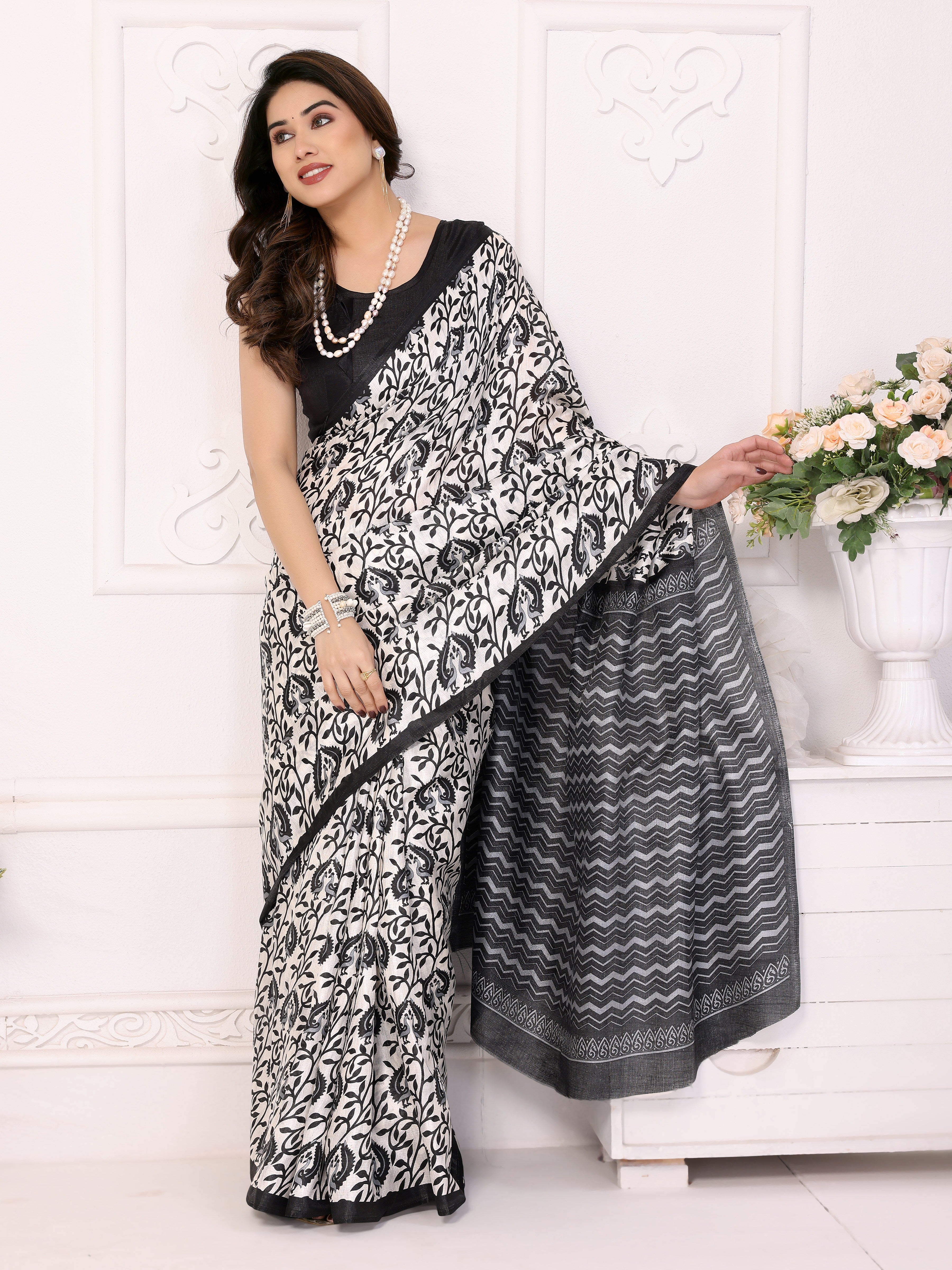 Classic Black Khadi Printed Saree | Timeless Elegance with Traditional Charm