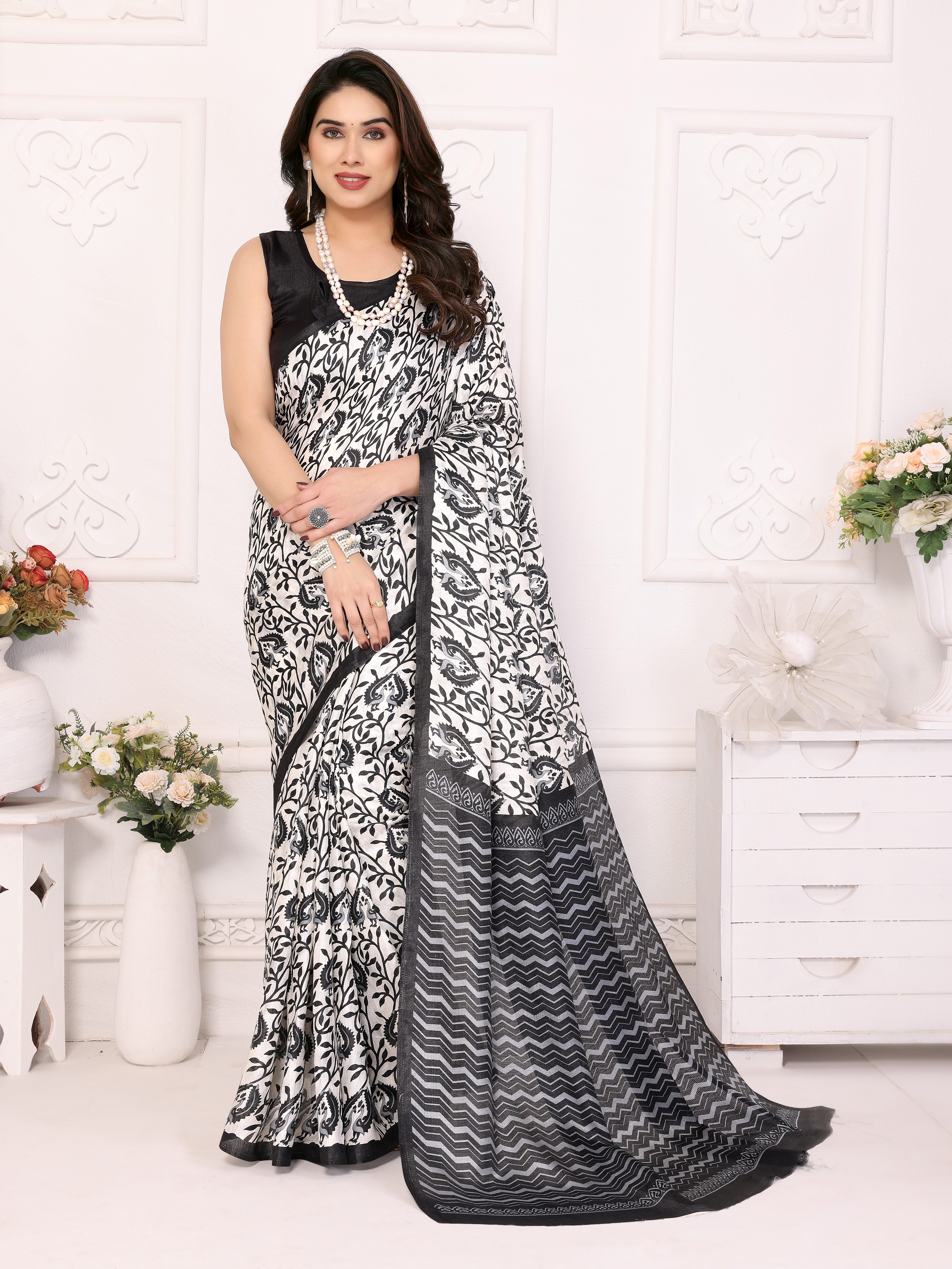 Classic Black Khadi Printed Saree | Timeless Elegance with Traditional Charm