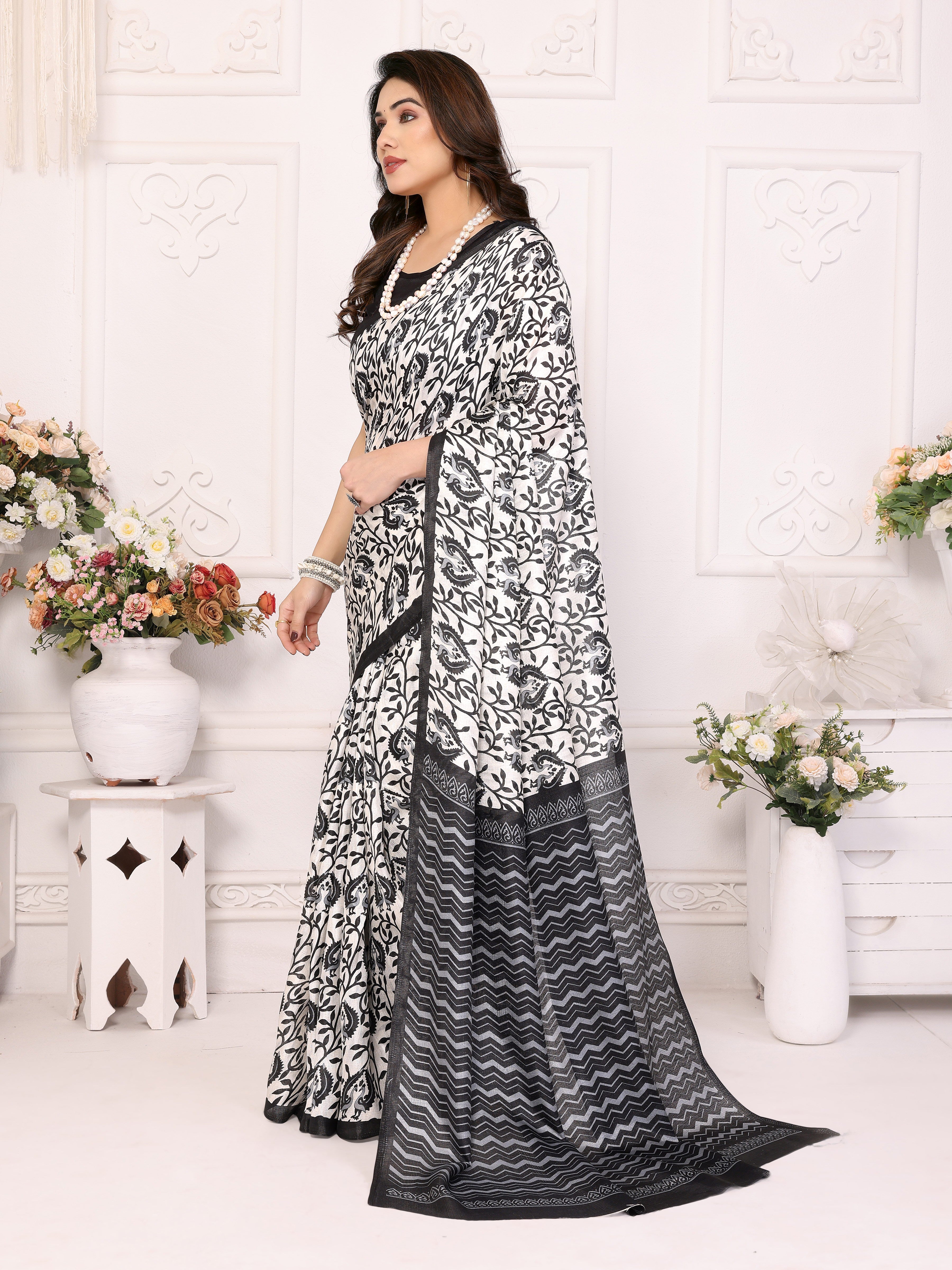 Classic Black Khadi Printed Saree | Timeless Elegance with Traditional Charm