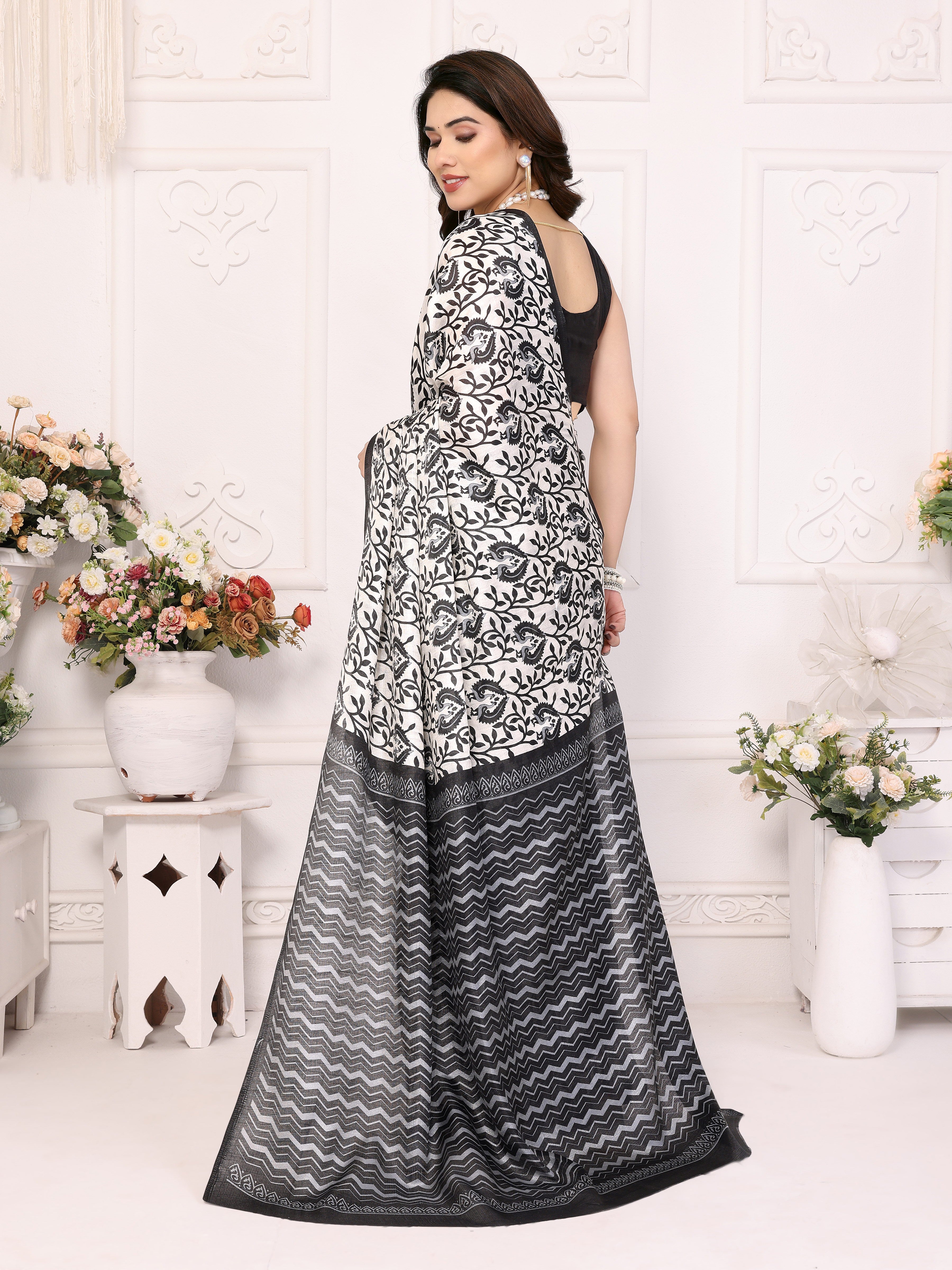 Classic Black Khadi Printed Saree | Timeless Elegance with Traditional Charm