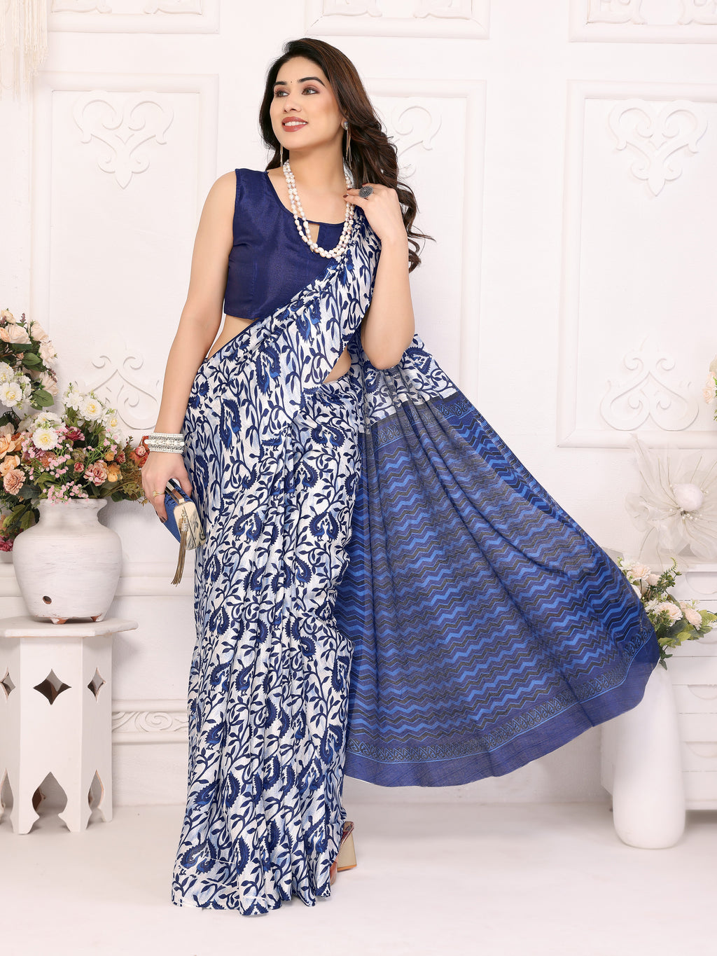 Serene Blue Khadi Printed Saree | Calm Elegance with Contemporary Appeal