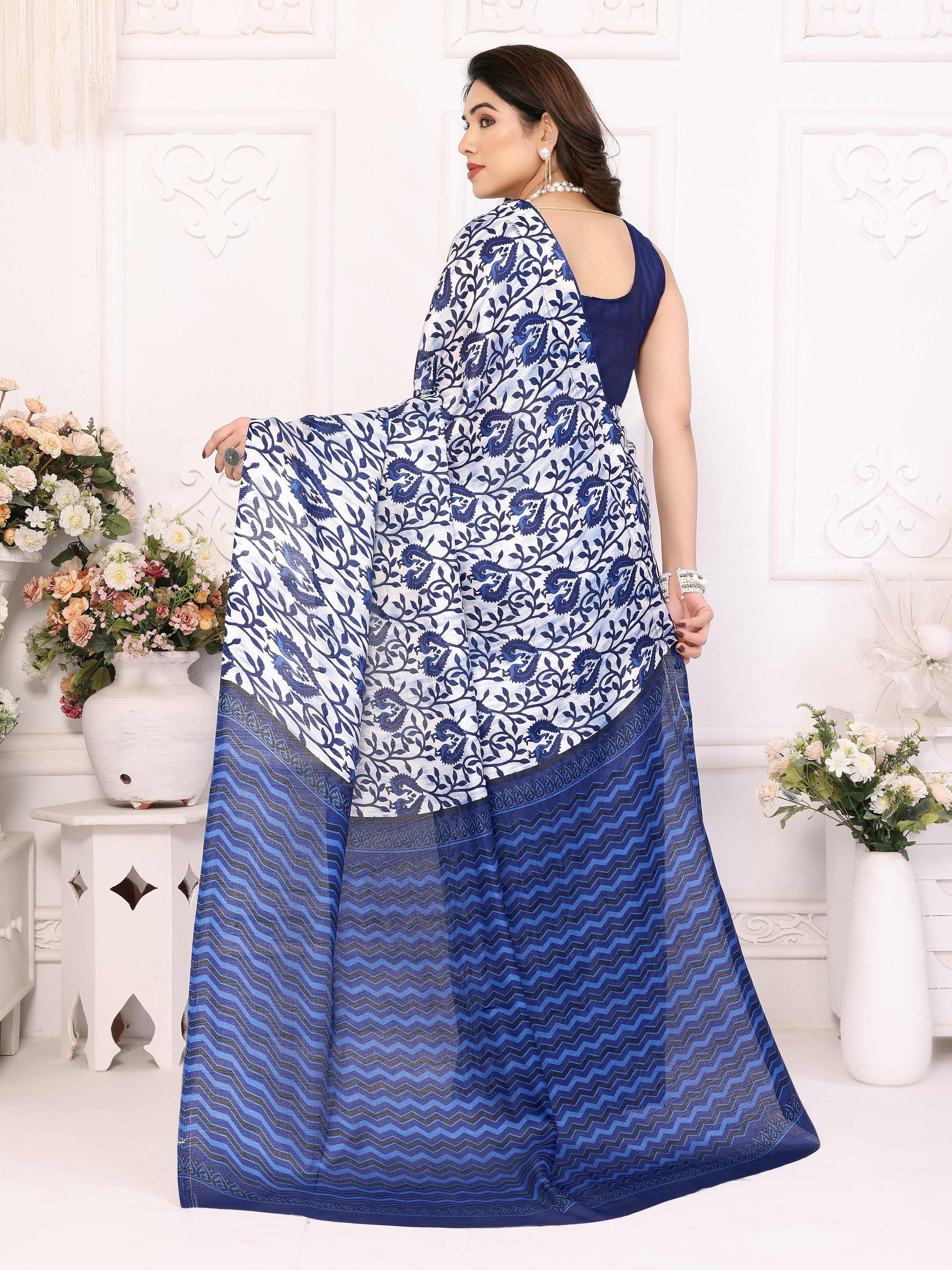 Serene Blue Khadi Printed Saree | Calm Elegance with Contemporary Appeal