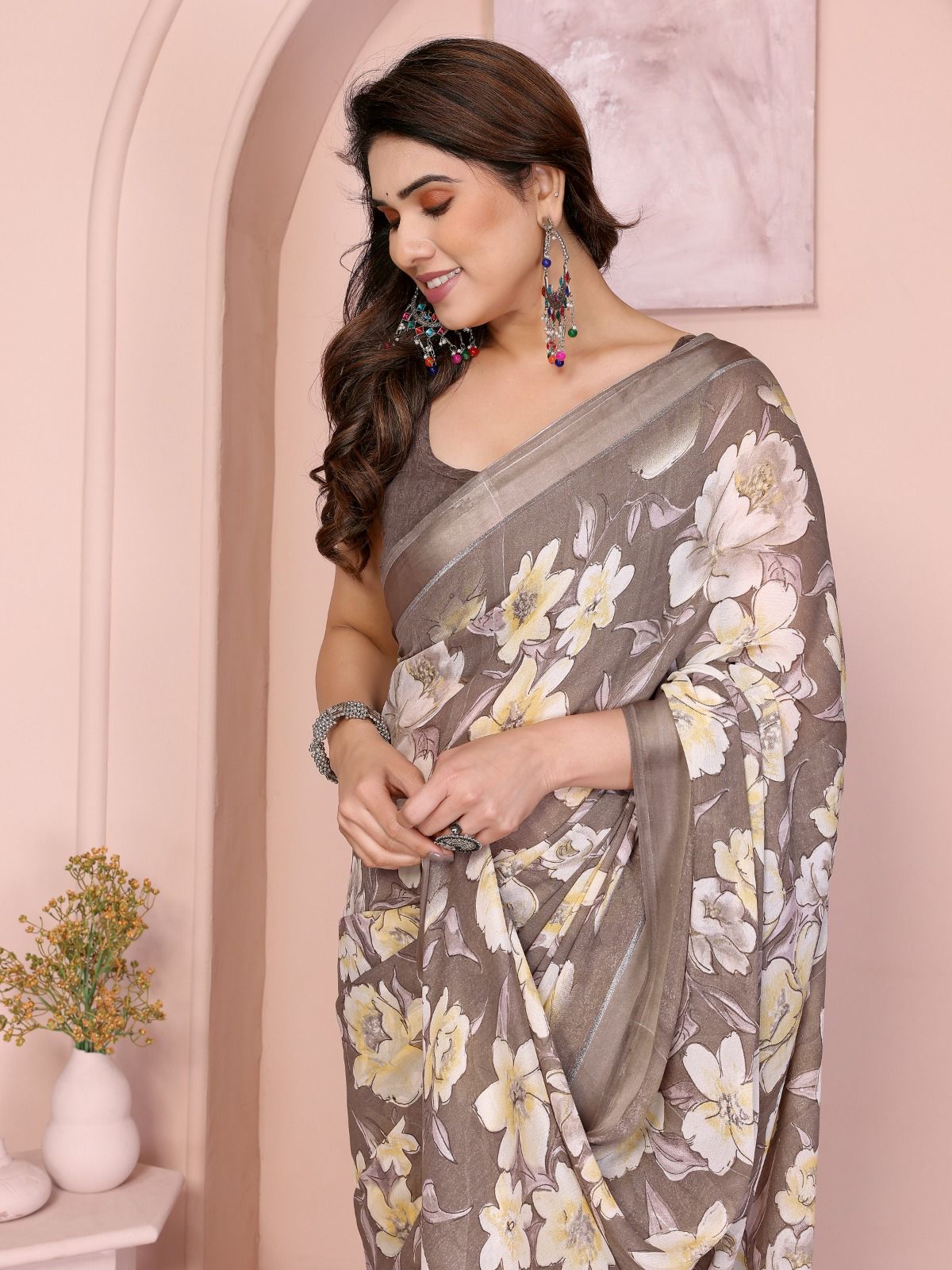 Elegant Coffee & White Printed Saree | Bright Moss Satin Patta with Timeless Appeal