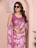 Graceful Pink & Coffee Printed Saree | Bright Moss Satin Patta with Feminine Charm