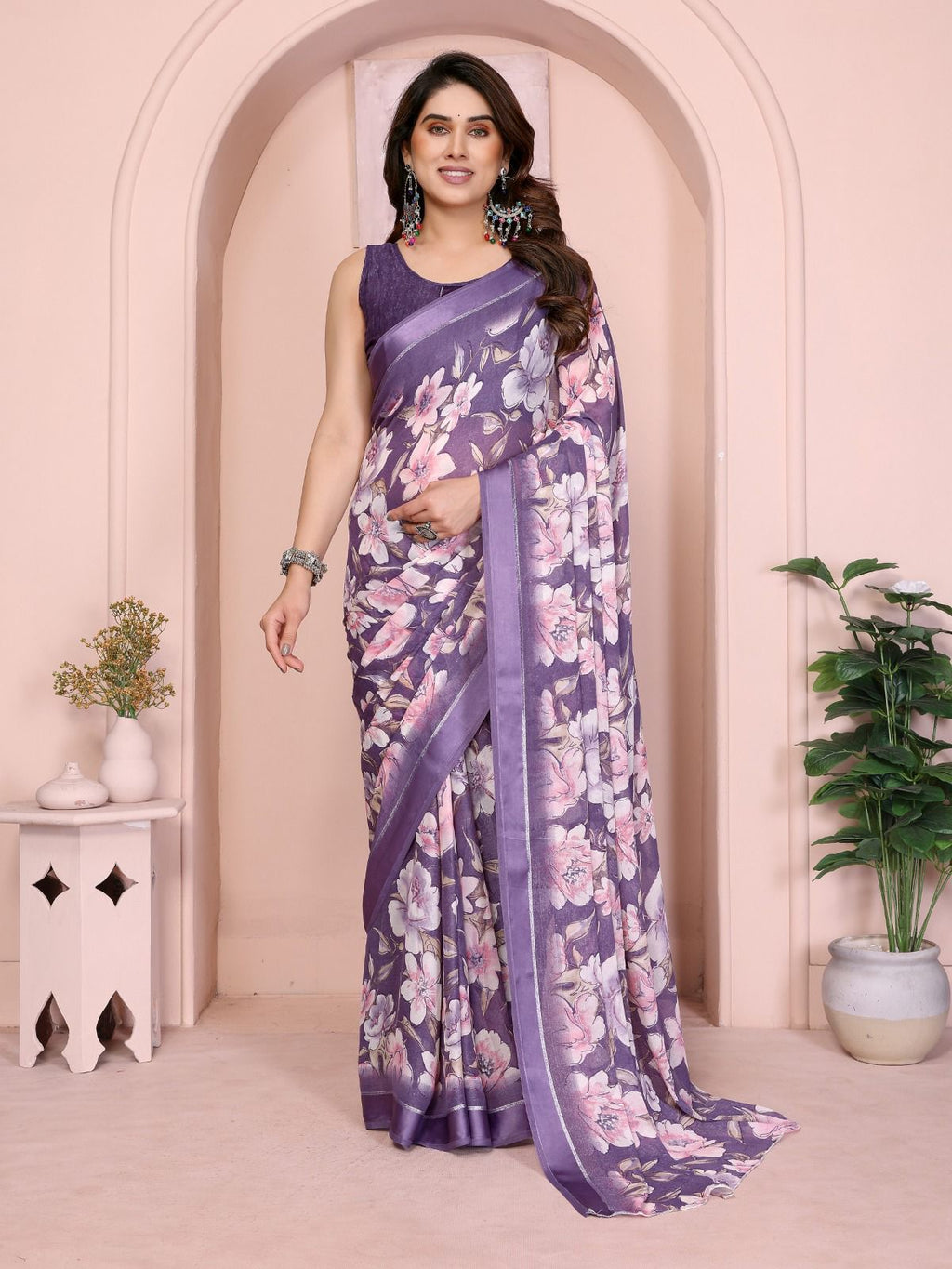 Timeless Beige & White Printed Saree | Bright Moss Satin Patta with Understated Elegance