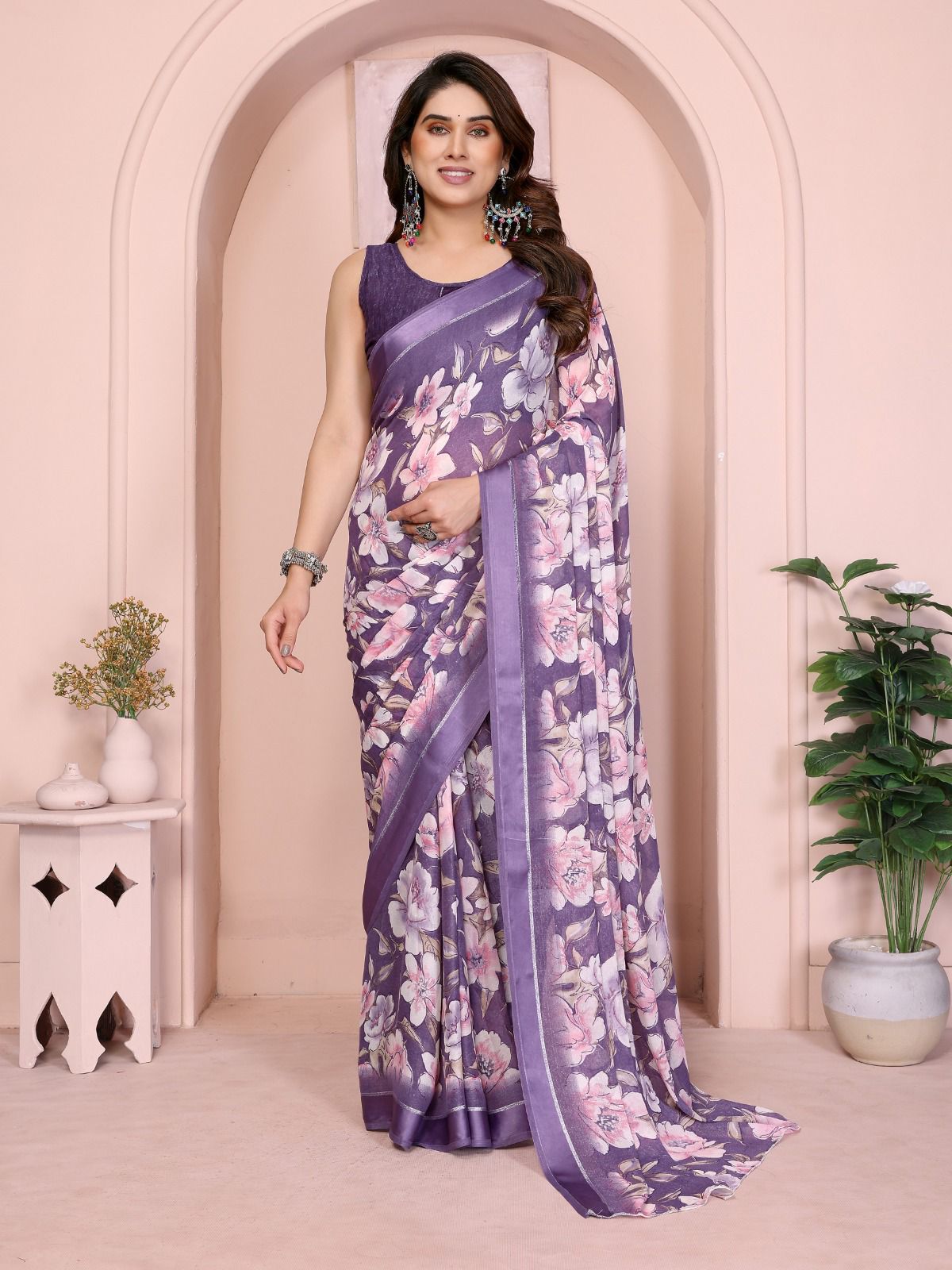 Timeless Beige & White Printed Saree | Bright Moss Satin Patta with Understated Elegance