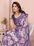 Timeless Beige & White Printed Saree | Bright Moss Satin Patta with Understated Elegance