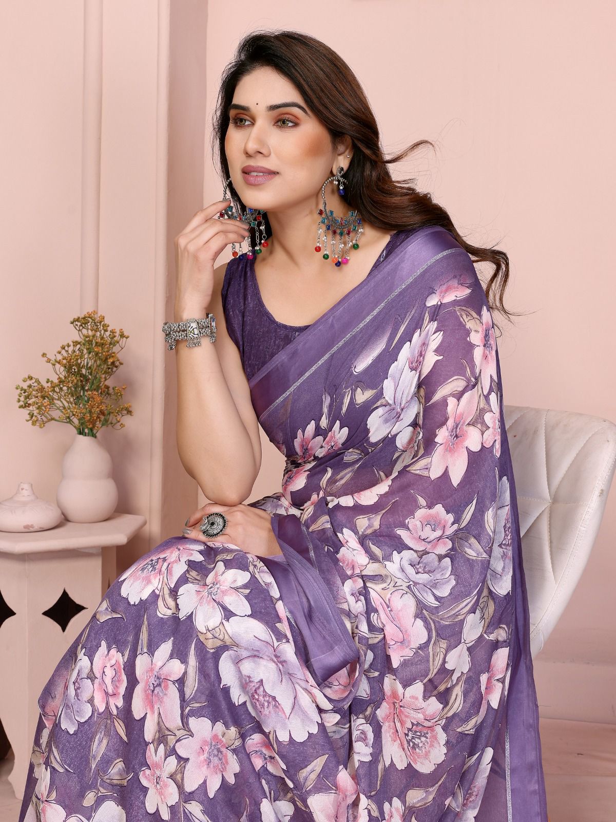 Timeless Beige & White Printed Saree | Bright Moss Satin Patta with Understated Elegance