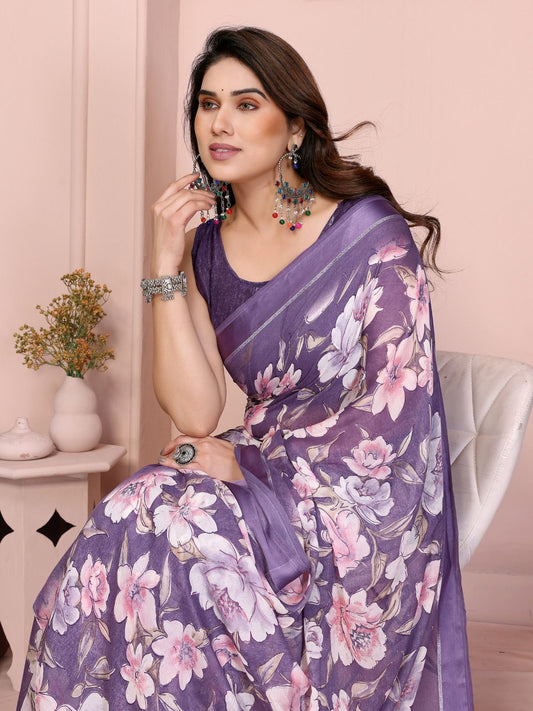 Timeless Beige & White Printed Saree | Bright Moss Satin Patta with Understated Elegance