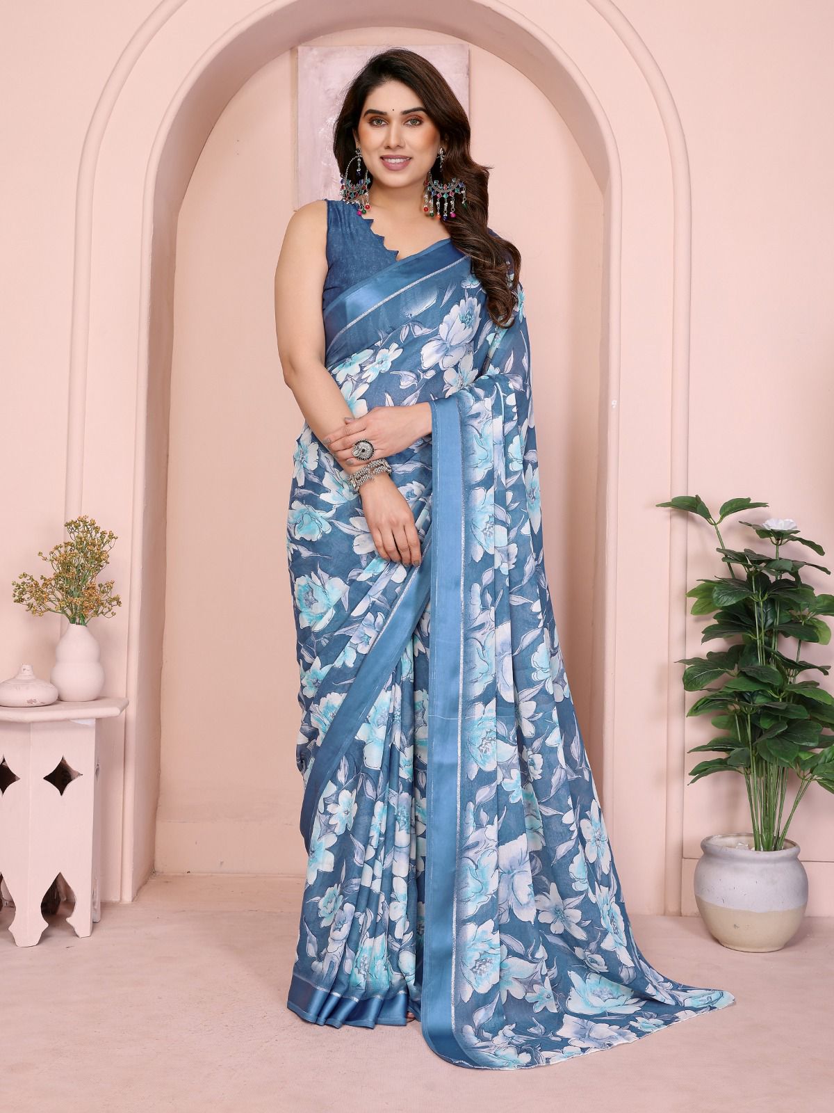 Serene Blue & White Printed Saree | Bright Moss Satin Patta with Fresh Appeal