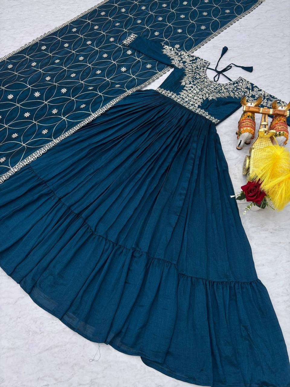 Navy Blue Pure Vichitra Silk Gown | Heavy 7mm Sequence Embroidered Couture