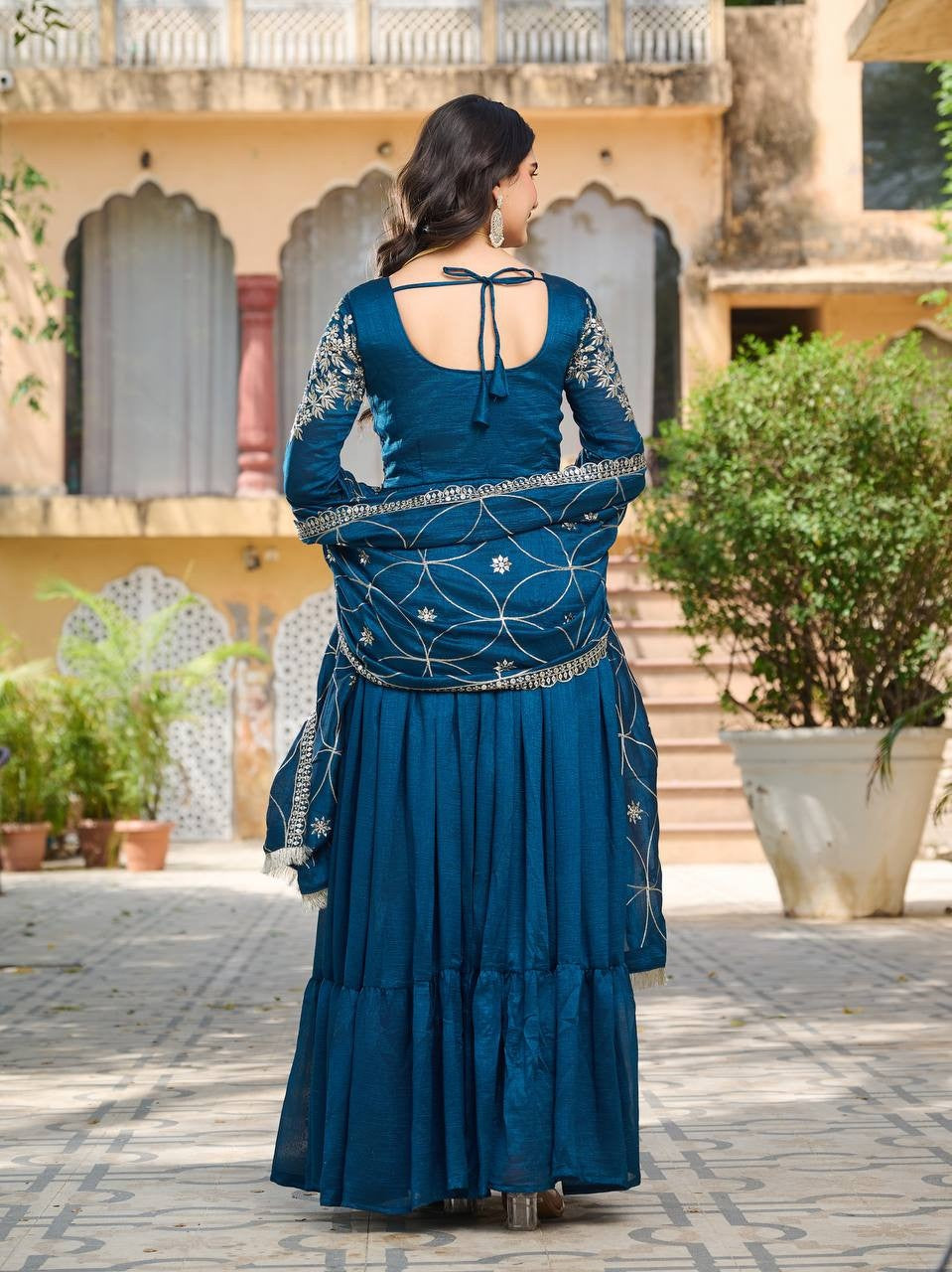 Navy Blue Pure Vichitra Silk Gown | Heavy 7mm Sequence Embroidered Couture