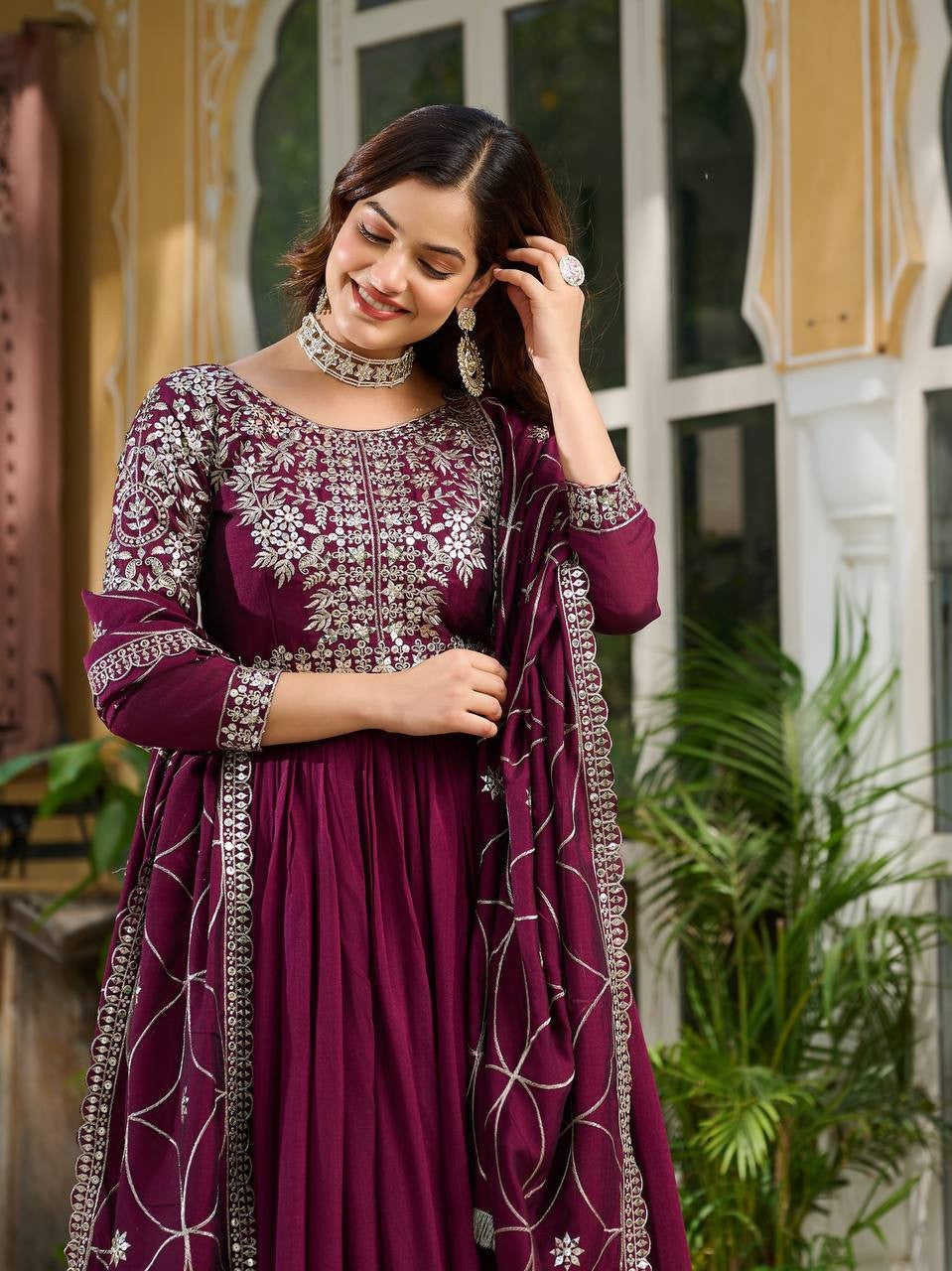 Royal Purple Pure Vichitra Silk Gown | Heavy 7mm Sequence Embroidered Couture