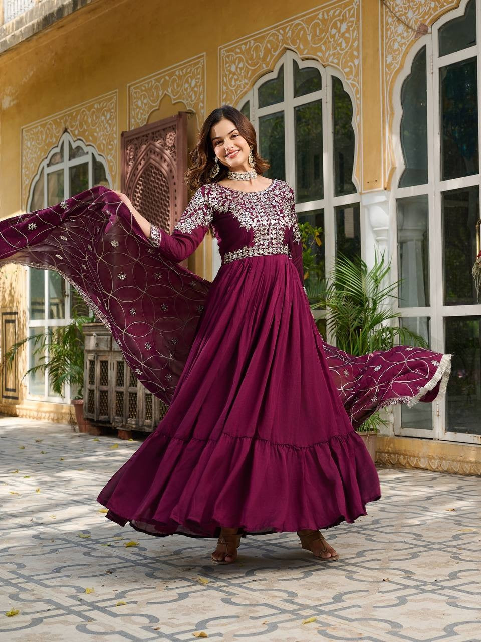 Royal Purple Pure Vichitra Silk Gown | Heavy 7mm Sequence Embroidered Couture