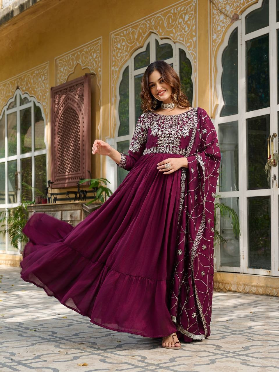 Royal Purple Pure Vichitra Silk Gown | Heavy 7mm Sequence Embroidered Couture