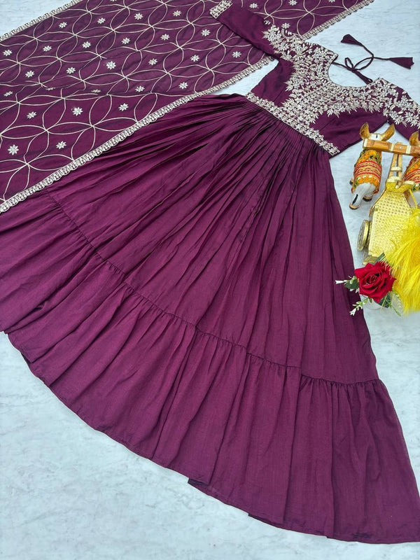 Royal Purple Pure Vichitra Silk Gown | Heavy 7mm Sequence Embroidered Couture
