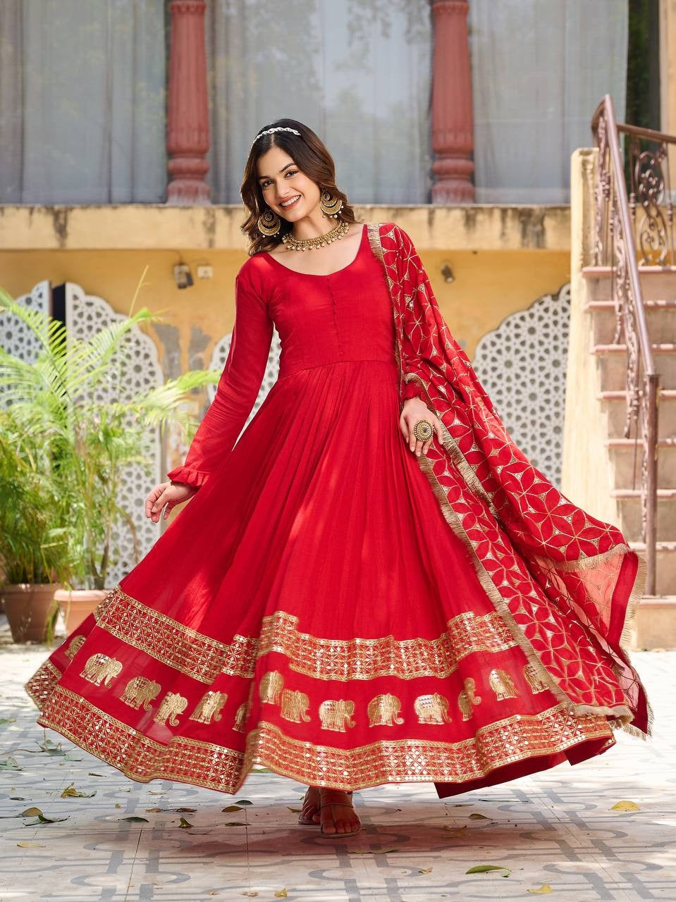 Passionate Red Pure Vichitra Silk Gown | Heavy 7mm Sequence Embroidered Couture