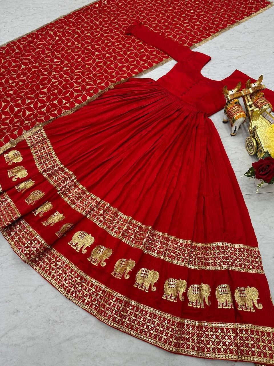 Passionate Red Pure Vichitra Silk Gown | Heavy 7mm Sequence Embroidered Couture