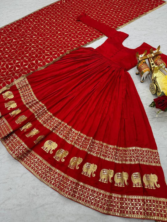 Passionate Red Pure Vichitra Silk Gown | Heavy 7mm Sequence Embroidered Couture