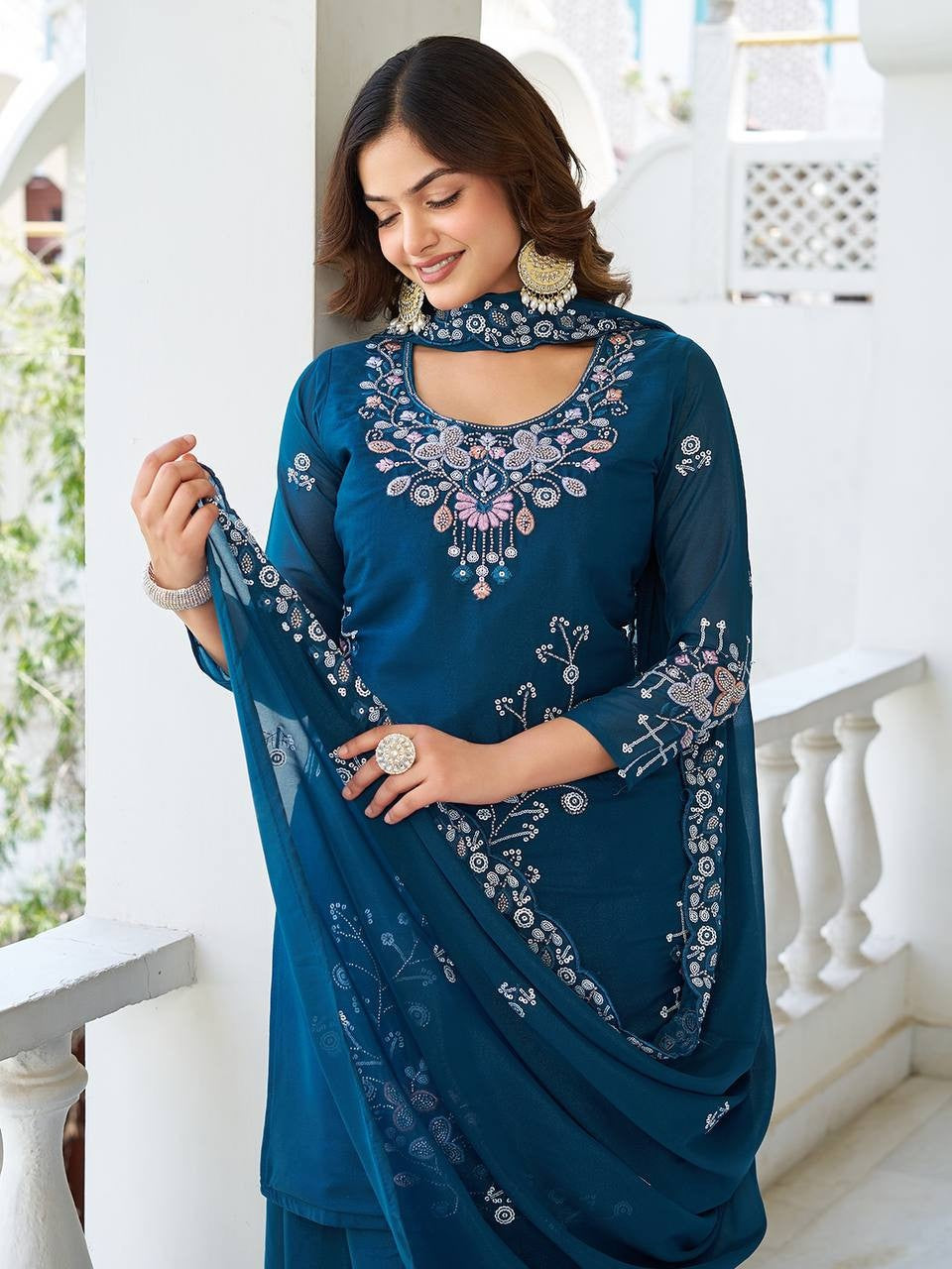 Navy Blue Star Georgette Plazzo Suit | Heavy Moti Work & Sequence Embroidery Couture