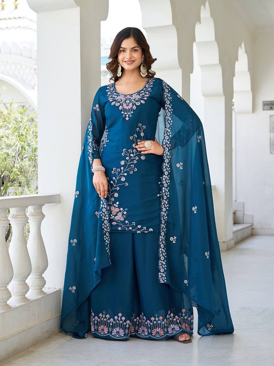 Navy Blue Star Georgette Plazzo Suit | Heavy Moti Work & Sequence Embroidery Couture