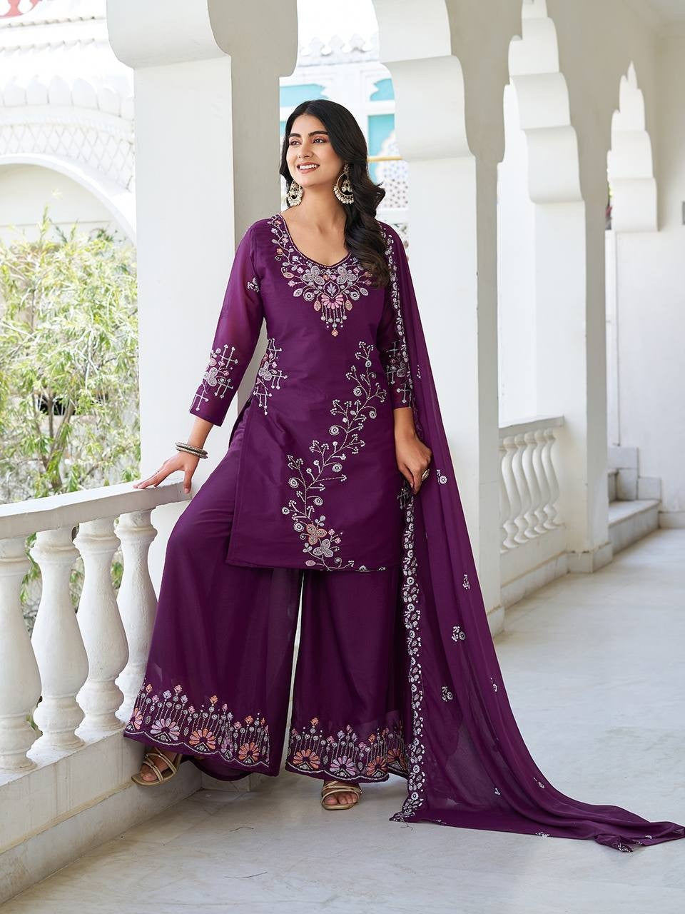 Beige Star Georgette Plazzo Suit | Heavy Moti Work & Sequence Embroidery Couture
