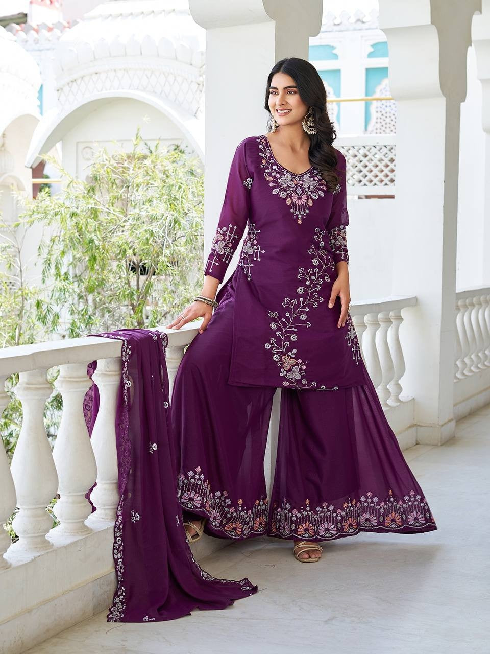 Beige Star Georgette Plazzo Suit | Heavy Moti Work & Sequence Embroidery Couture