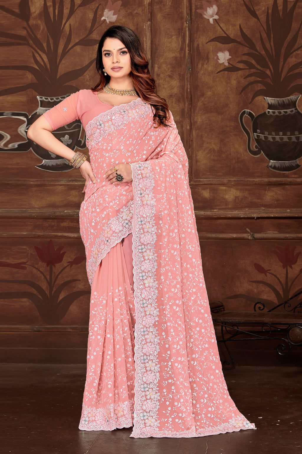 Pink Georgette Saree | Heavy Resham & Sequin Embroidery with Work Blouse