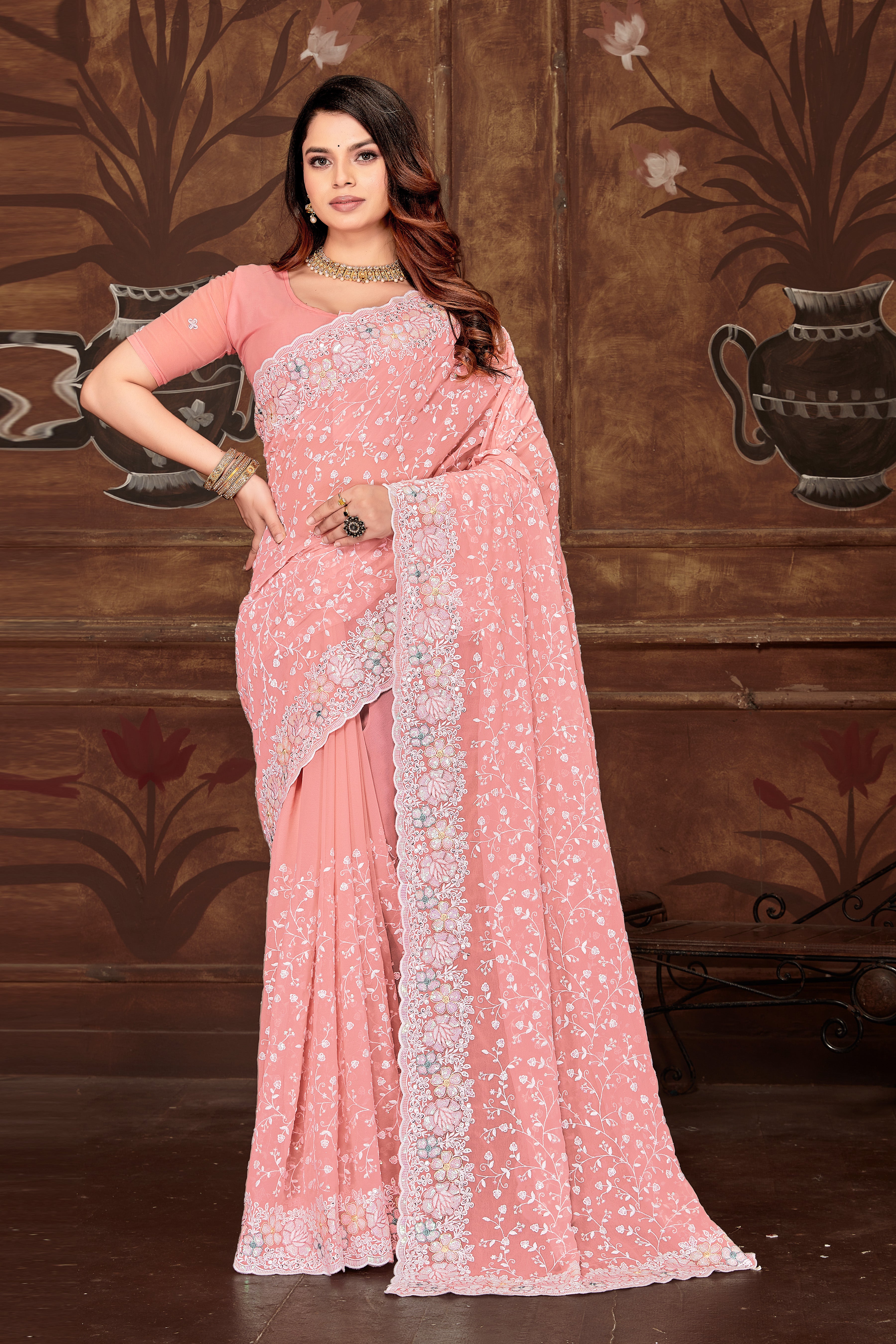 Pink Georgette Saree | Heavy Resham & Sequin Embroidery with Work Blouse