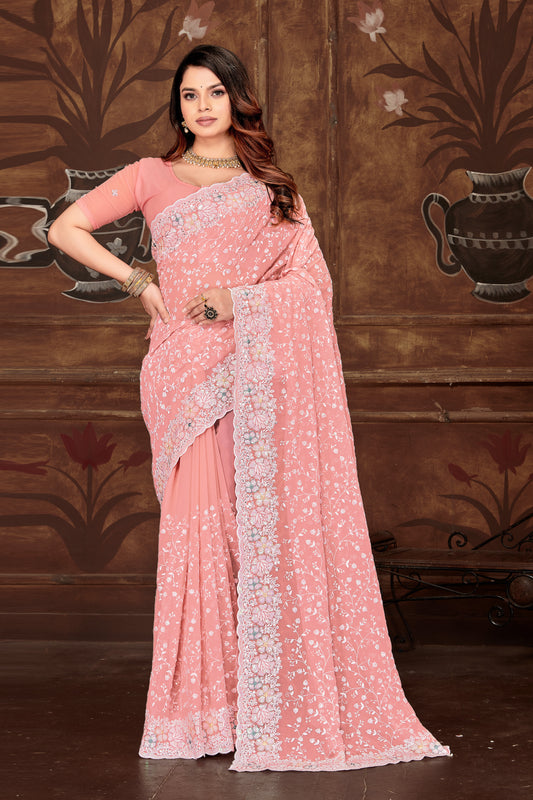 Pink Georgette Saree | Heavy Resham & Sequin Embroidery with Work Blouse