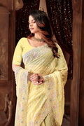 Lemon Yellow Georgette Saree | Heavy Resham & Sequin Embroidery with Work Blouse