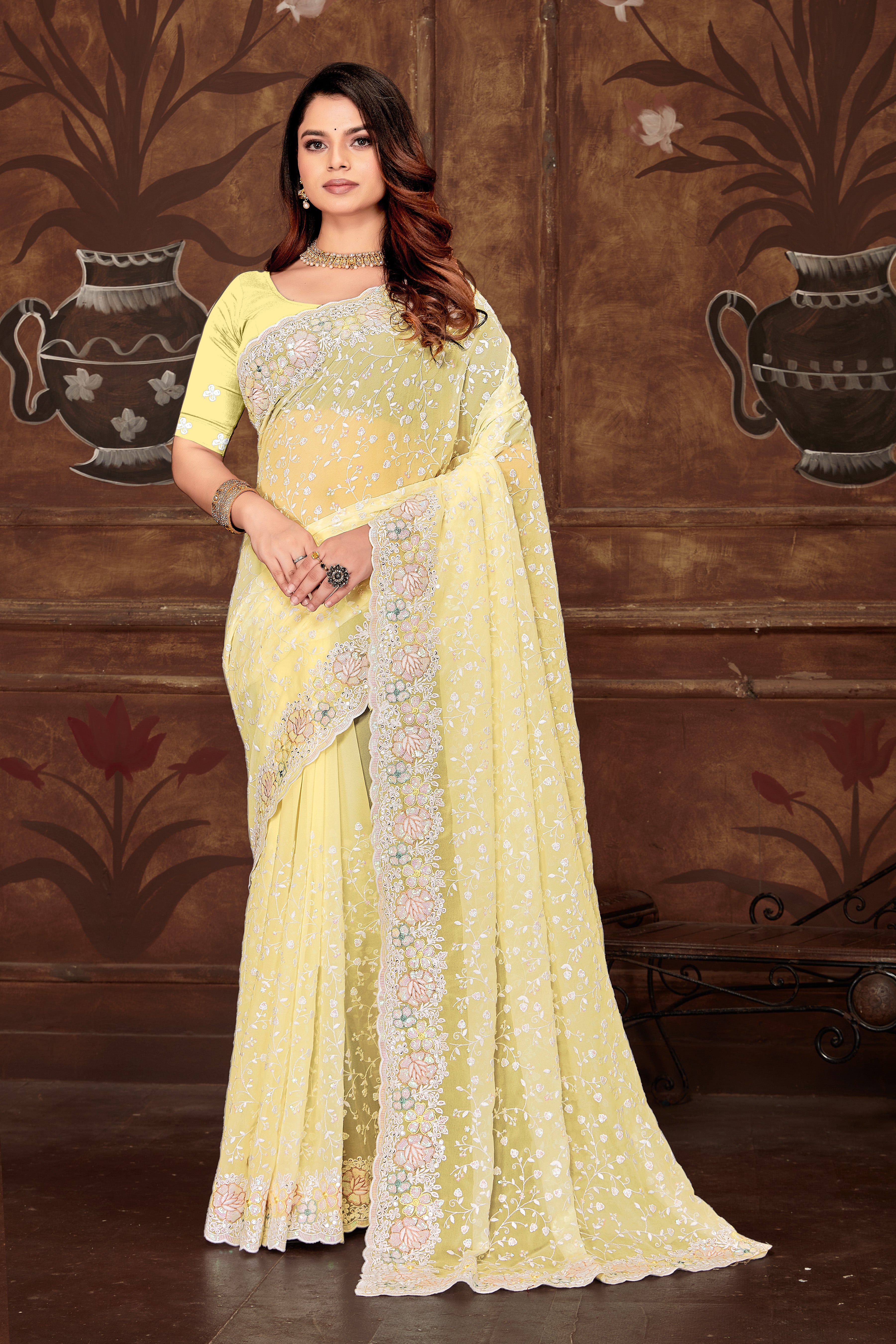 Lemon Yellow Georgette Saree | Heavy Resham & Sequin Embroidery with Work Blouse