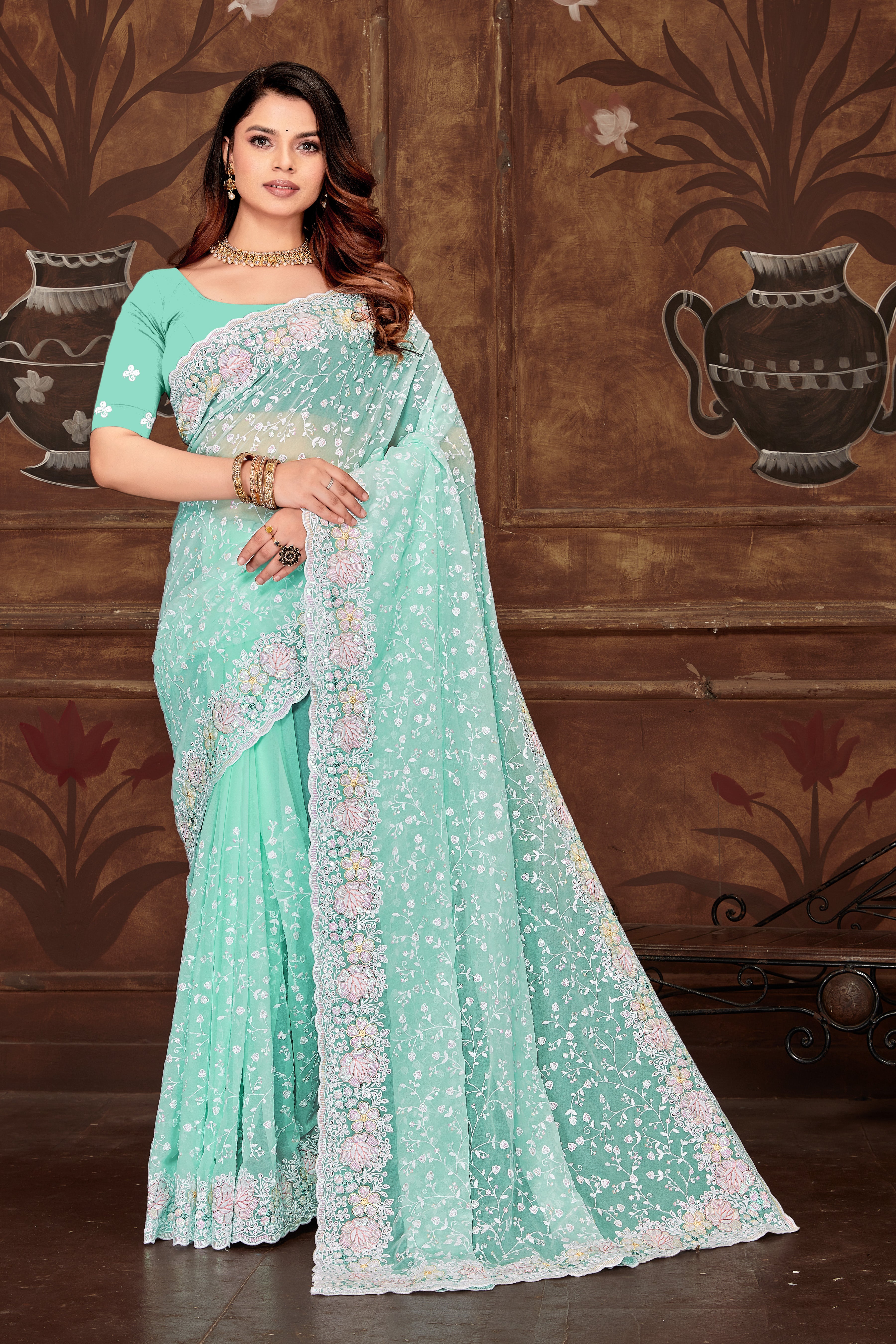 Sky Blue Georgette Saree | Heavy Resham & Sequin Embroidery with Work Blouse