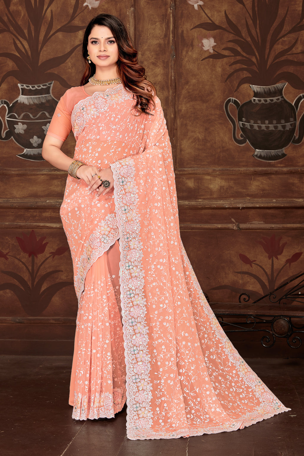 Peach Georgette Saree | Heavy Resham & Sequin Embroidery with Work Blouse