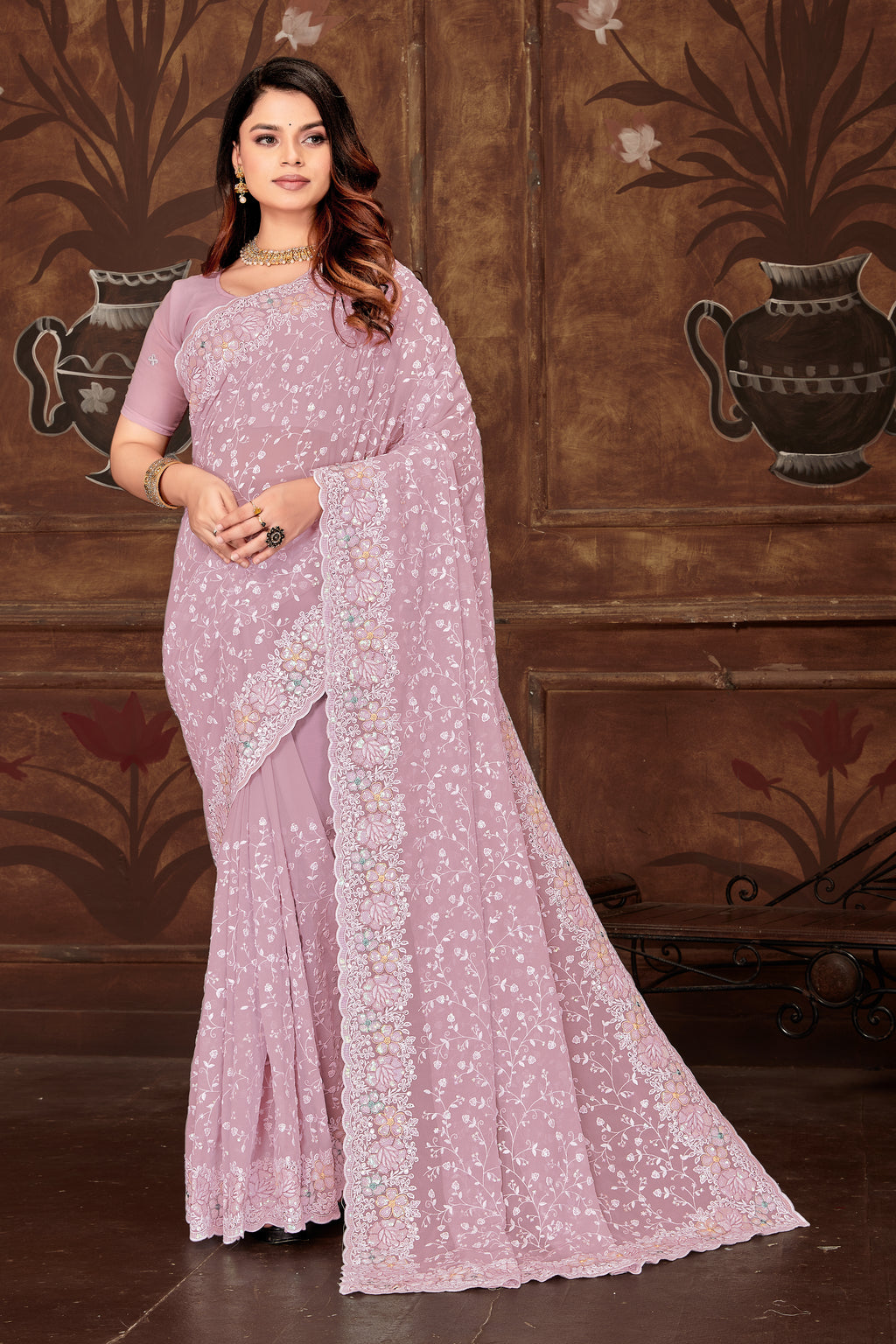 Lavender Georgette Saree | Heavy Resham & Sequin Embroidery with Work Blouse