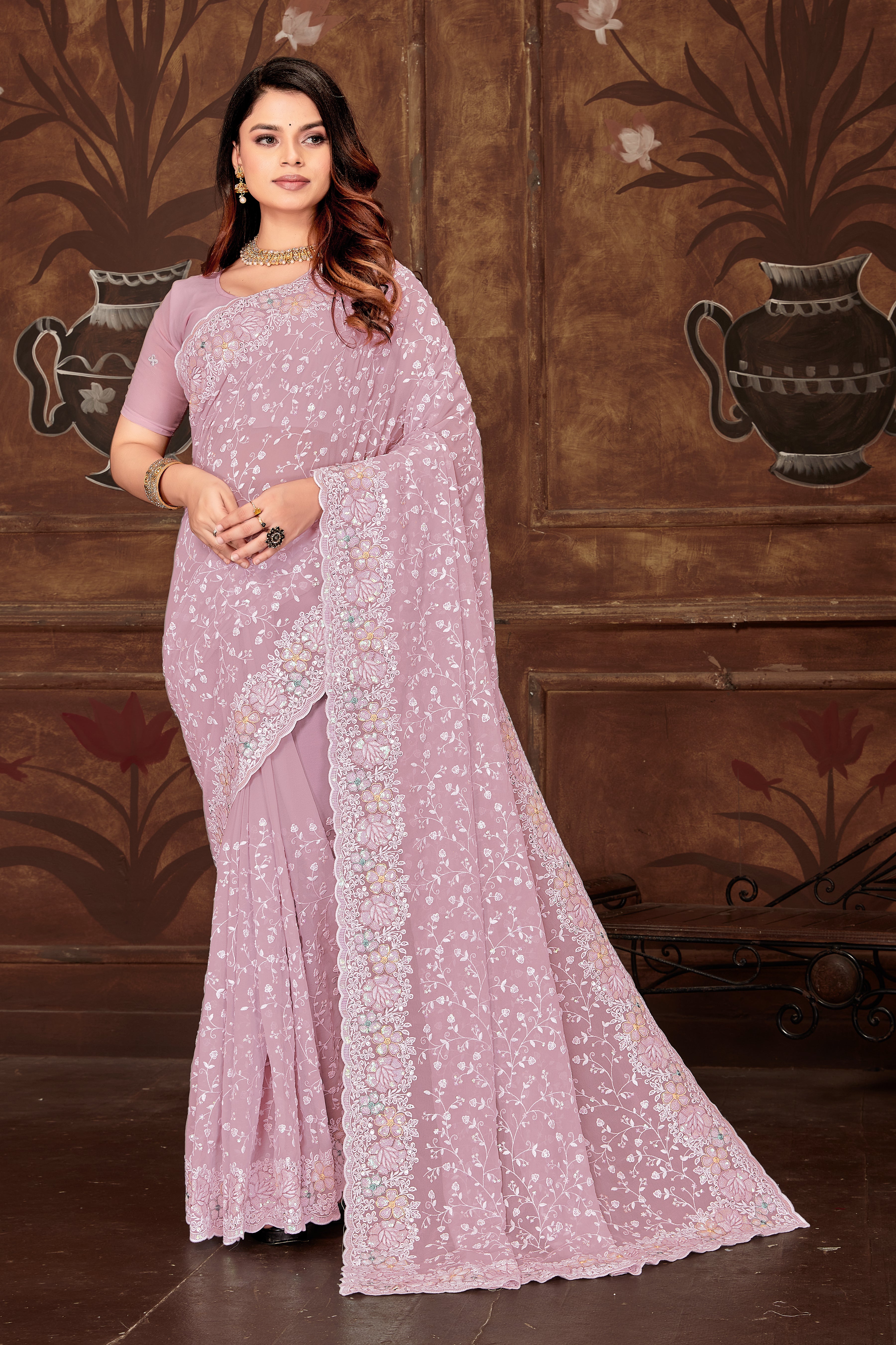 Lavender Georgette Saree | Heavy Resham & Sequin Embroidery with Work Blouse