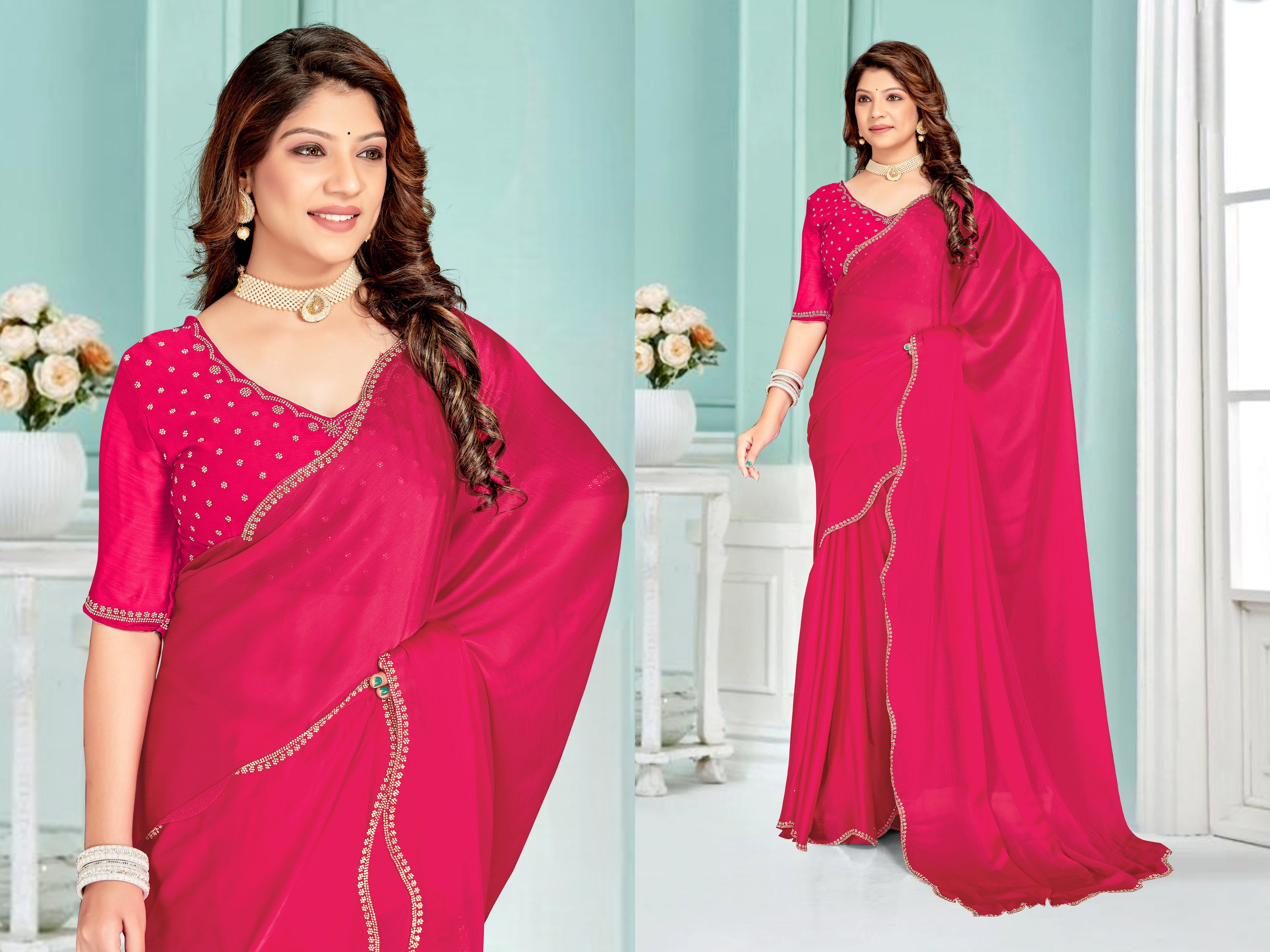 Rani Satin Chiffon Silk Saree | Hand-Worked Zircon Border with Embellished Blouse