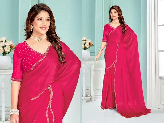 Rani Satin Chiffon Silk Saree | Hand-Worked Zircon Border with Embellished Blouse