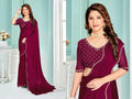 Wine Satin Chiffon Silk Saree | Hand-Worked Zircon Border with Embellished Blouse