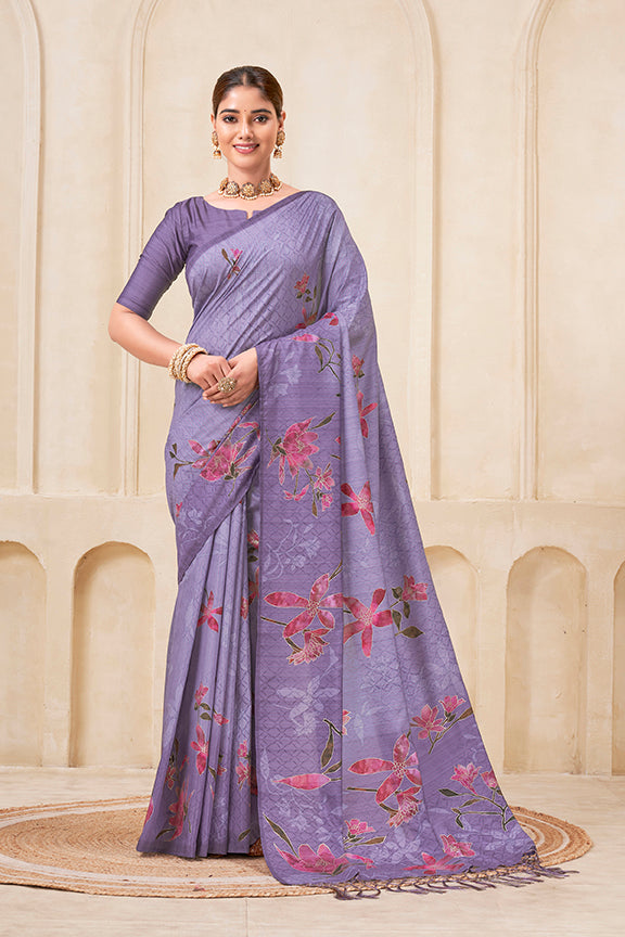 Purple Poly Habotai Silk Saree | Flower Digital Print with Foil Accents