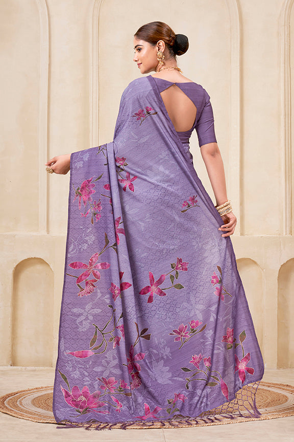 Purple Poly Habotai Silk Saree | Flower Digital Print with Foil Accents