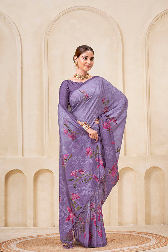 Purple Poly Habotai Silk Saree | Flower Digital Print with Foil Accents