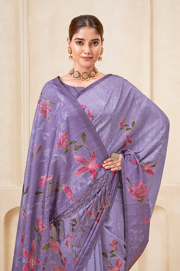 Purple Poly Habotai Silk Saree | Flower Digital Print with Foil Accents