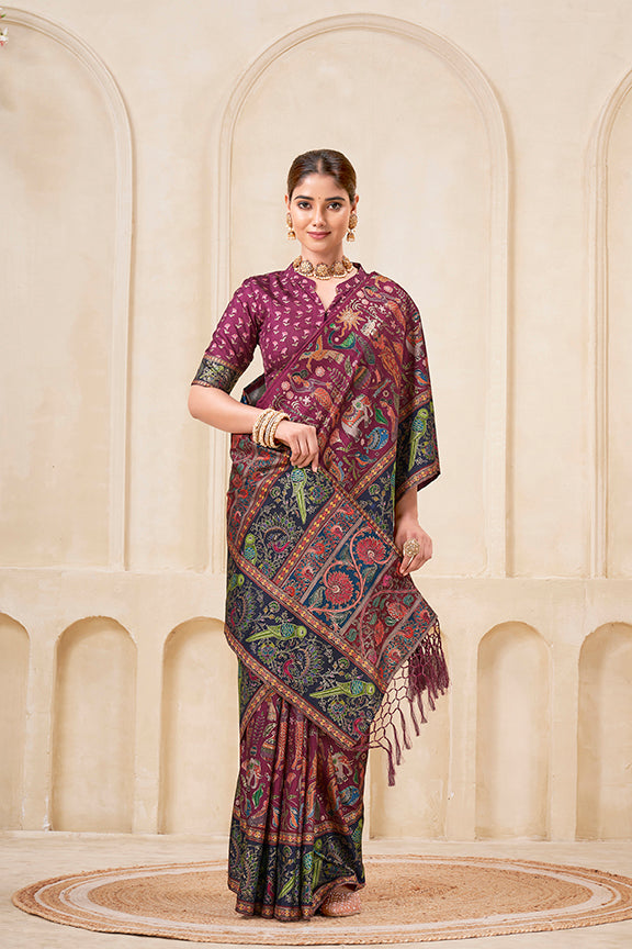 Rani Poly Kundan Digital Print Saree | Traditional Foil Print Embellishment