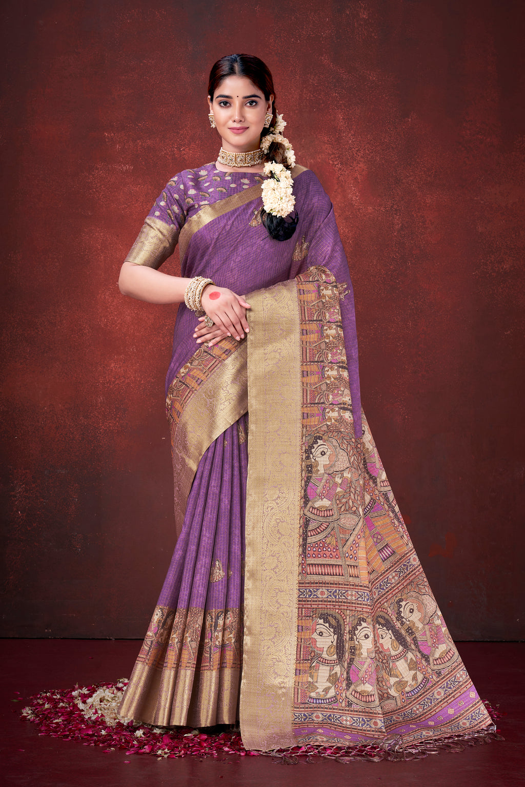 Royal Purple Poly Habotai Silk Foil Print Saree | Elegant Floral Design with Unstitched Blouse