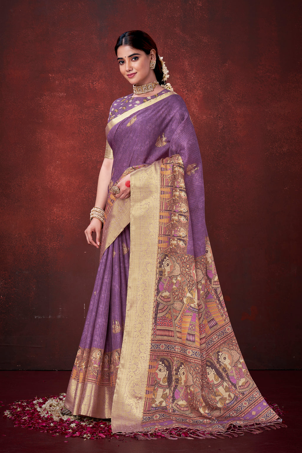 Royal Purple Poly Habotai Silk Foil Print Saree | Elegant Floral Design with Unstitched Blouse