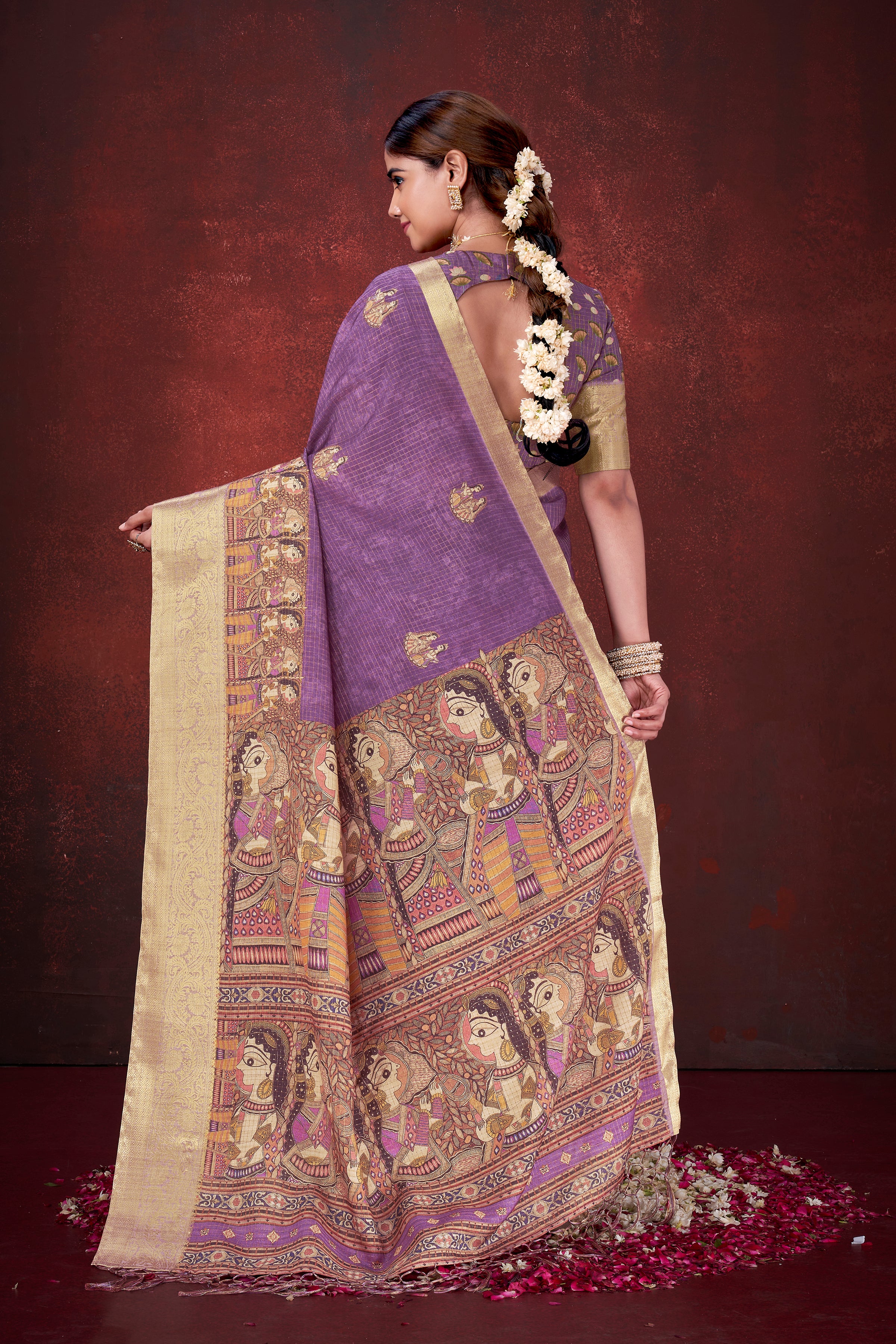 Royal Purple Poly Habotai Silk Foil Print Saree | Elegant Floral Design with Unstitched Blouse
