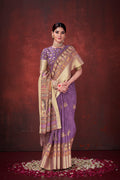 Royal Purple Poly Habotai Silk Foil Print Saree | Elegant Floral Design with Unstitched Blouse